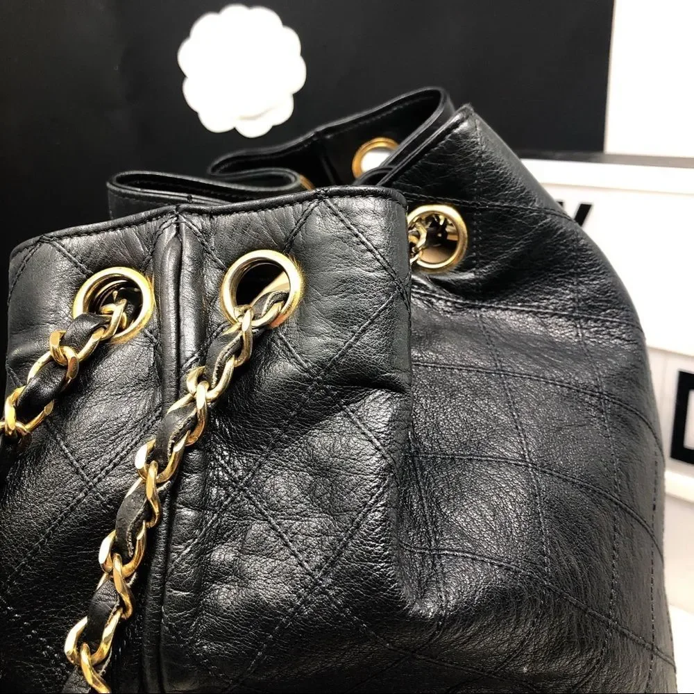 Vintage Chanel Black Lambskin Quilted CC Drawstring Bucket Bag Leather Backpack